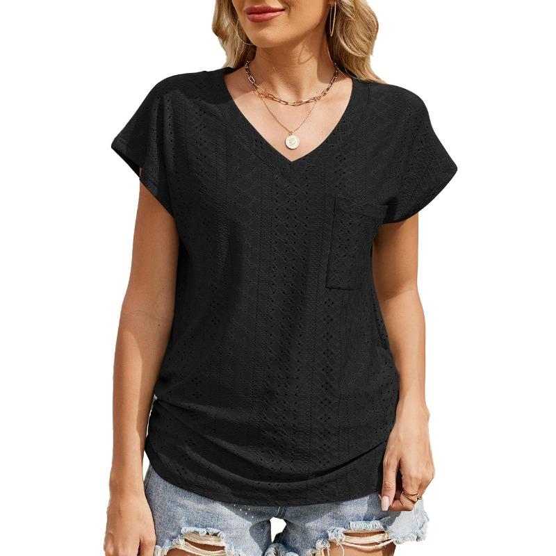 Women's Spring/summer Solid Color V-neck Pocket Short-sleeved T-shirt Top