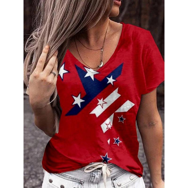 Dámské módní tričko s 3D potiskem americké vlajky, trička s výstřihem do V a krátkým rukávem, volná ležérní trička, vintage trička s vlajkou USA