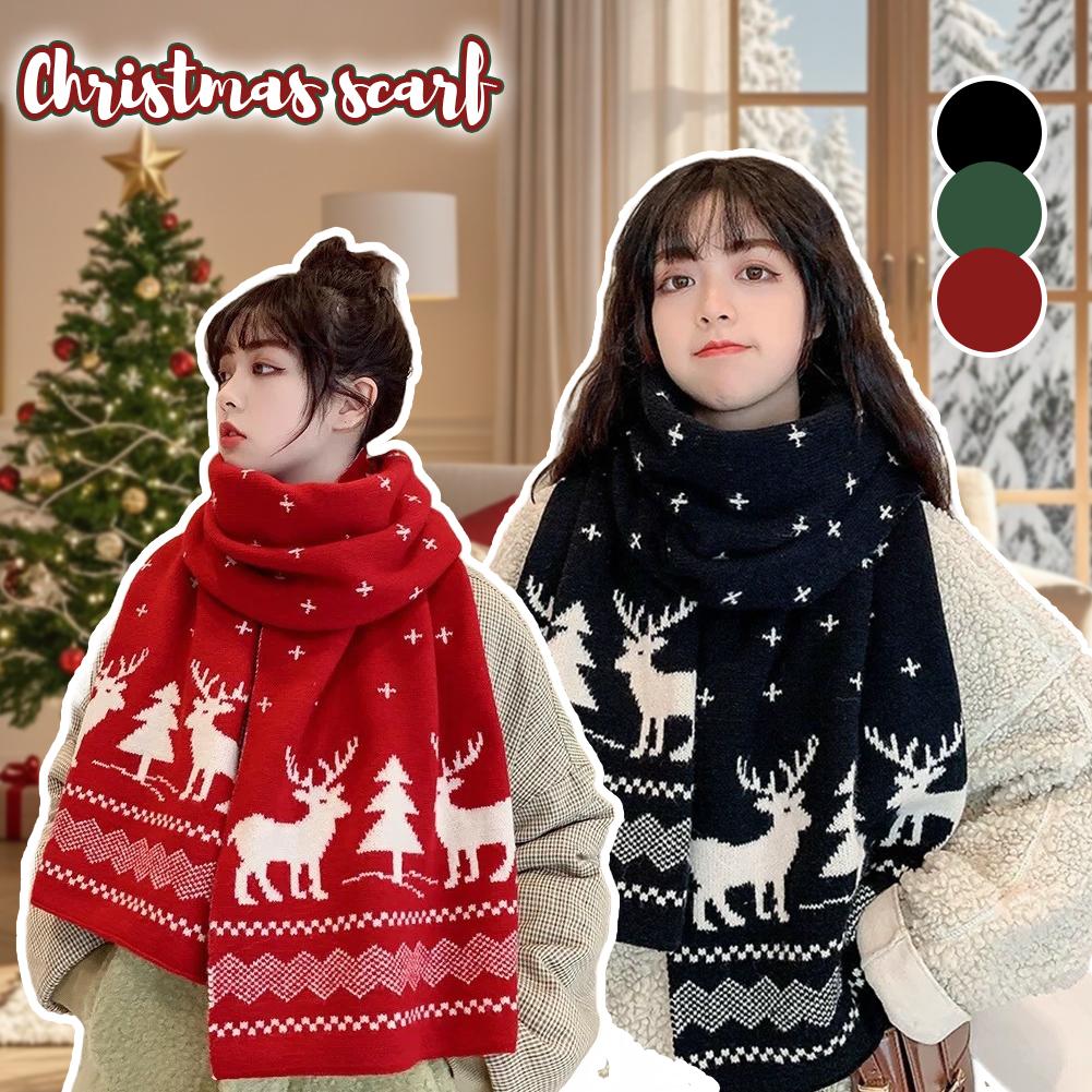 Winter Warm Scarf Deer Elk Double-Sided Knitted Scarves Fashion Versatile Woolen Shawl Girls Christmas Present for Women Men