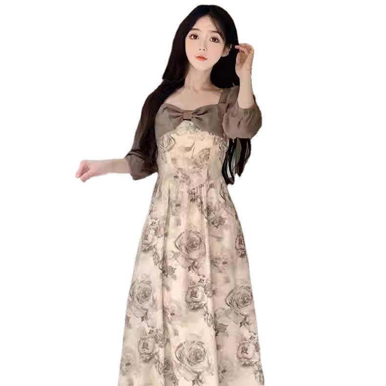 Retro Ink Floral Bow Suspender Skirt Women's Summer New French Gentle Wind Coffee Break Short-sleeved Dress