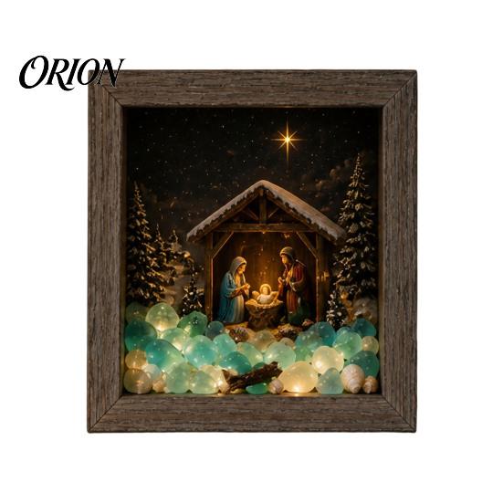 Unique Christmas Home Gift Sea Glass Shadow Box Night Light, 3D Winter Snow Scene Wooden LED Lighted Picture Frame Art with Warm Glow, Landscape