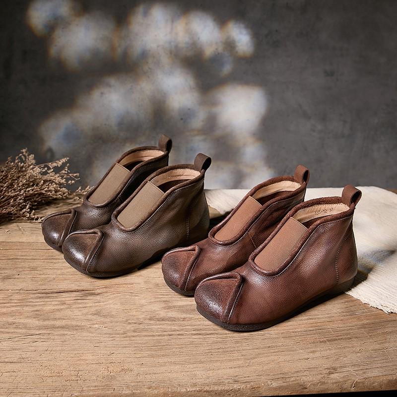 Johnature Handmade Vintage Genuine Leather Flat Ankle Boots Round Toe Soft Cowhide Women's Slip-on Shoes