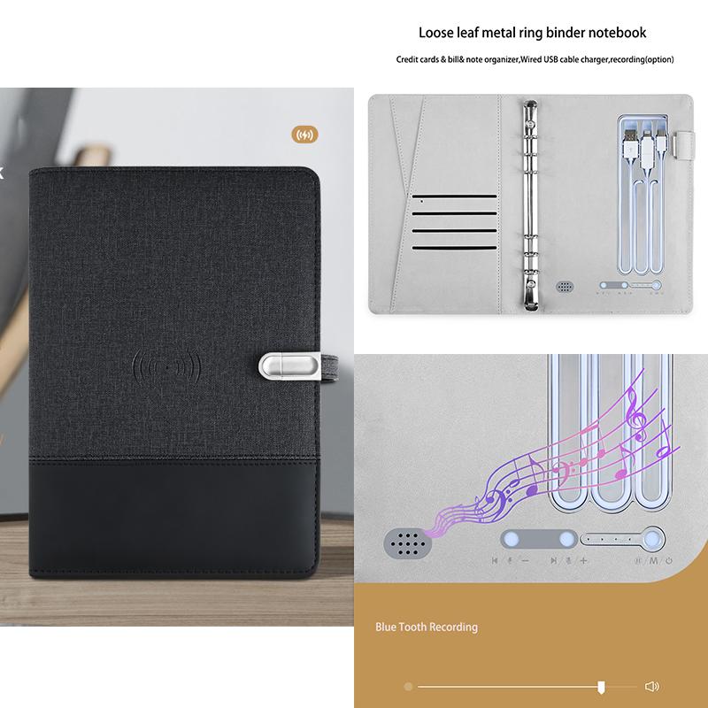 Custom Led Light Logo A5 Size Notepad 8000mah Wireless Charger Power Bank Combination Synthetic Leather Diary Notebook With Usb