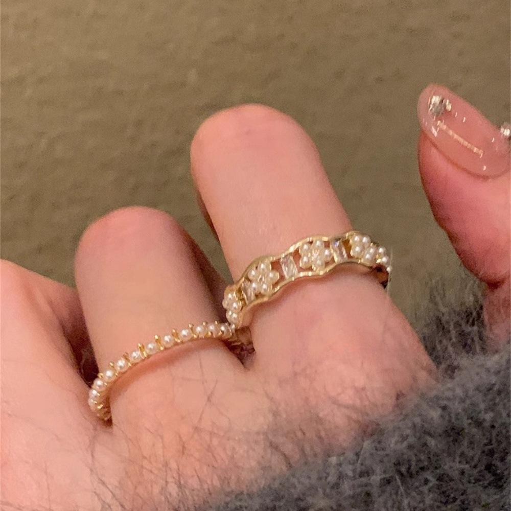 Gentle Sweet Flower Zircon Pearl Stacked Ring Female Ring 2025 Tide