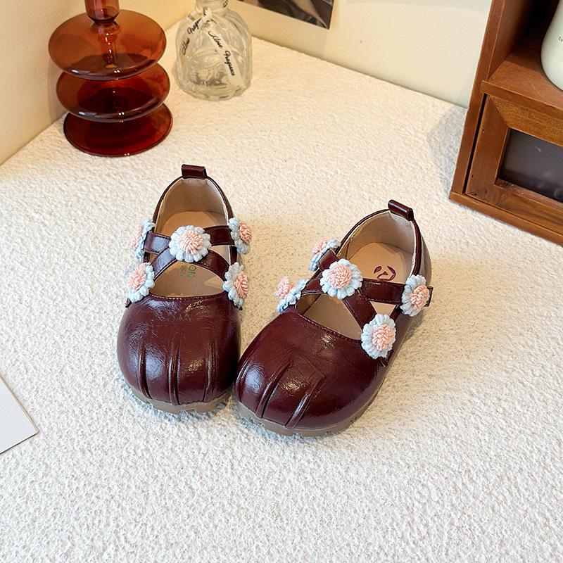Girls Korean Flower Cross Strap Mary Jane Shoes Leather Casual Princess Shoes for Spring Autumn