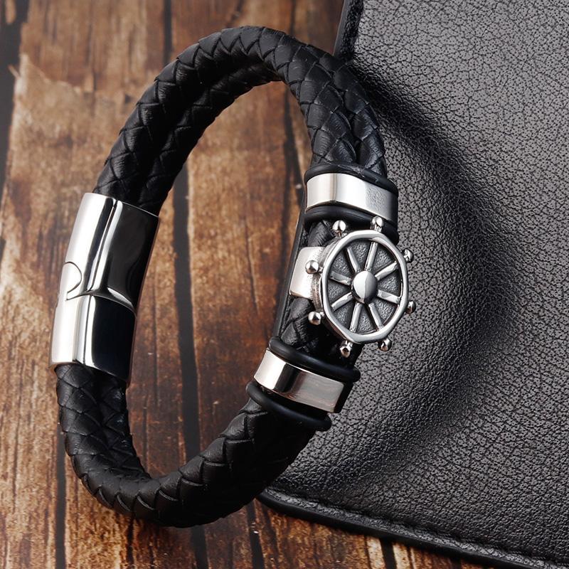 

Black Genuine Leather Bracelet for Men Punk Braided Rope Steel Magnetic Button Male Bracelet Jewelry Birthday Gift 21cm