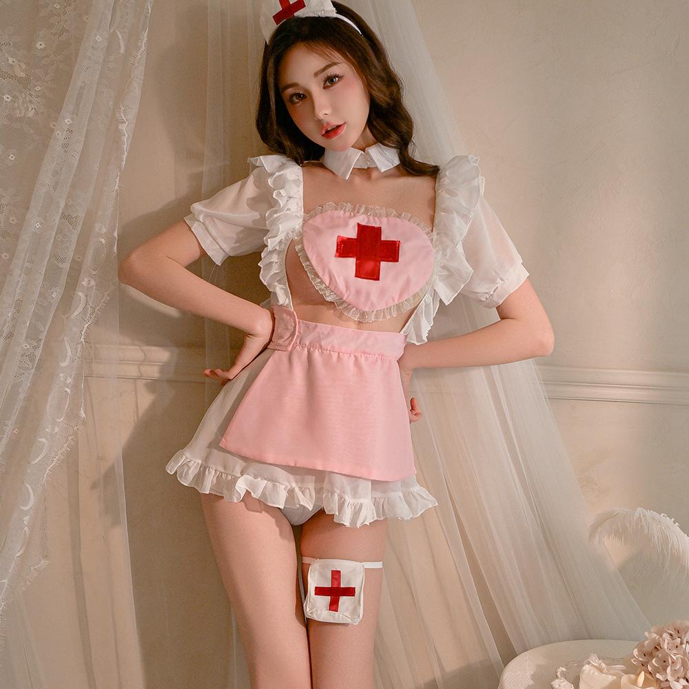 Sexy Lingerie Perspective Nurse Mesh Pure Sweet Lace Lolita Teen Sexy Maid Dress Uniform