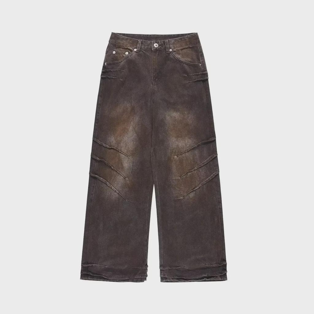 Unisex American Retro Distressed Heavyweight Pleated Wide-Leg Wasteland Jeans