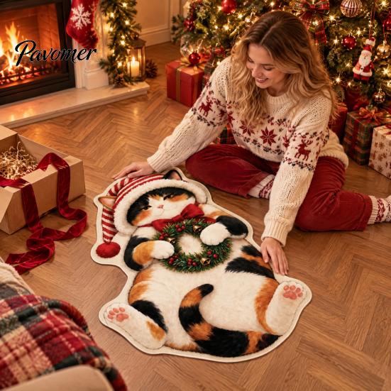 Kitchen Sink Rug Christmas Cat Shaped Rug, Plush Sleeping Absorbent Bathroom Mat, Xmas Lovers Gift Hat Kitty Non-slip Washable Area for Bedroom,