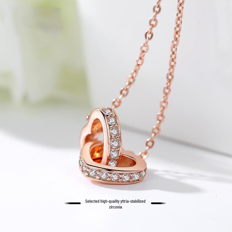 S925 Sterling Silver Heart-to-Heart Rose Gold Necklace with Simple Pendant - Fashionable Japanese and Korean Style Clavicle Sweater Chain