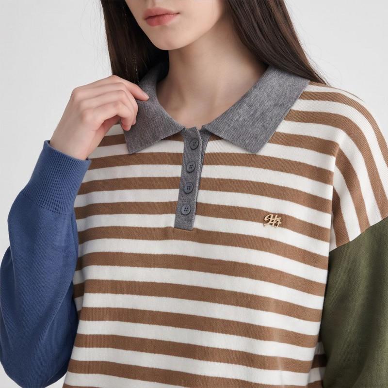 TikTok Womens Striped Color Block Polo Sweater Long Sleeve Knit Top Casual College Style