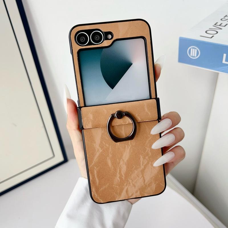 Vintage Marble Texture 2pcs Folding Case For Samsung Galaxy Z Flip6 Flip5 Flip4 Flip3 Solid Color Slim Shockproof Hard PC Ring Holder Phone Cover