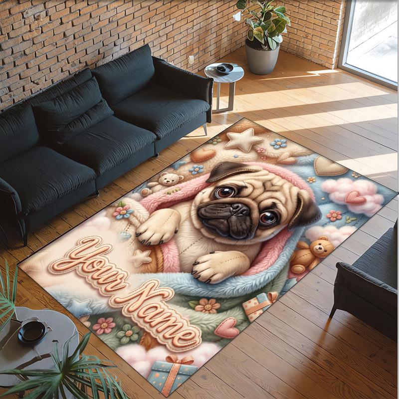 Pug Theme Crystal Velvet Floor Rug Personalized Custom Name Text Warm Carpet Home Decoration
