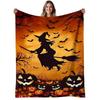 1pc Witch Flying Flannel Blanket - Soft & Warm 280gsm Heavyweight All-Season Throw with Spooky Witch On Broomstick, Bats & Jack-O'-Lanterns Print - Co