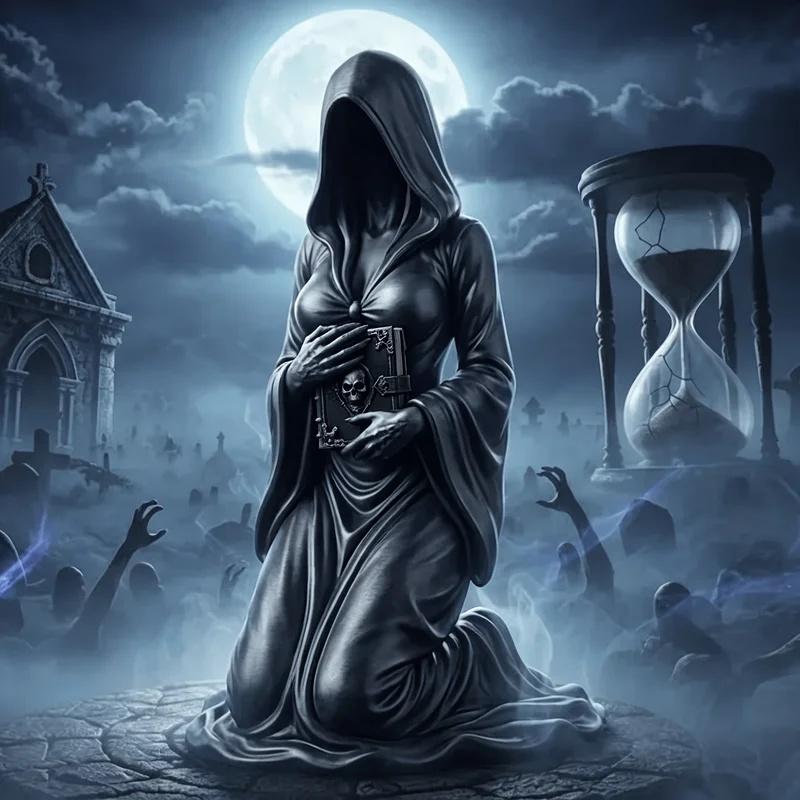 Gothic Hooded Female Grim Reaper Kneeling Figurine 3D Print Home Desktop Ornament Halloween Altar Decor Occult Collectible Gifts
