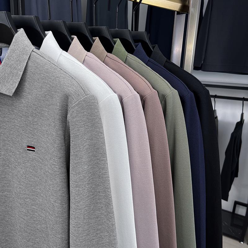 Men's Pure Cotton Embroidered Long-Sleeve Polo Shirt - Business Casual, Solid Color, Versatile for Spring and Autumn