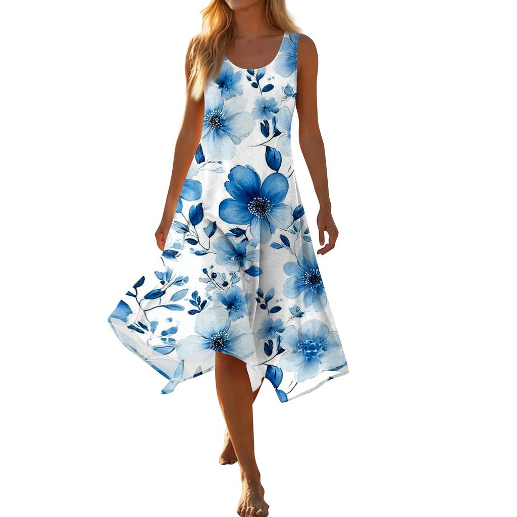 Women's Casual Sleeveless Floral Print Dress with Round Neck and Asymmetrical Hem Mid-Length Summer Dress for Daily Wear