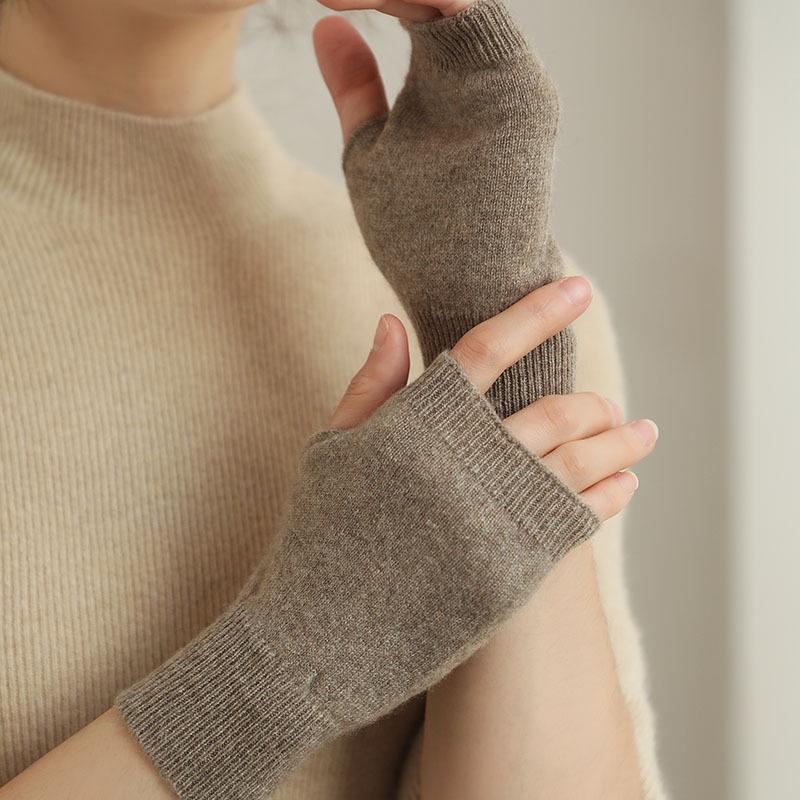 Women's 100% Pure Cashmere Half-Finger Gloves: Fingerless, Plain Knit, Warm and Cozy for Autumn/Winter