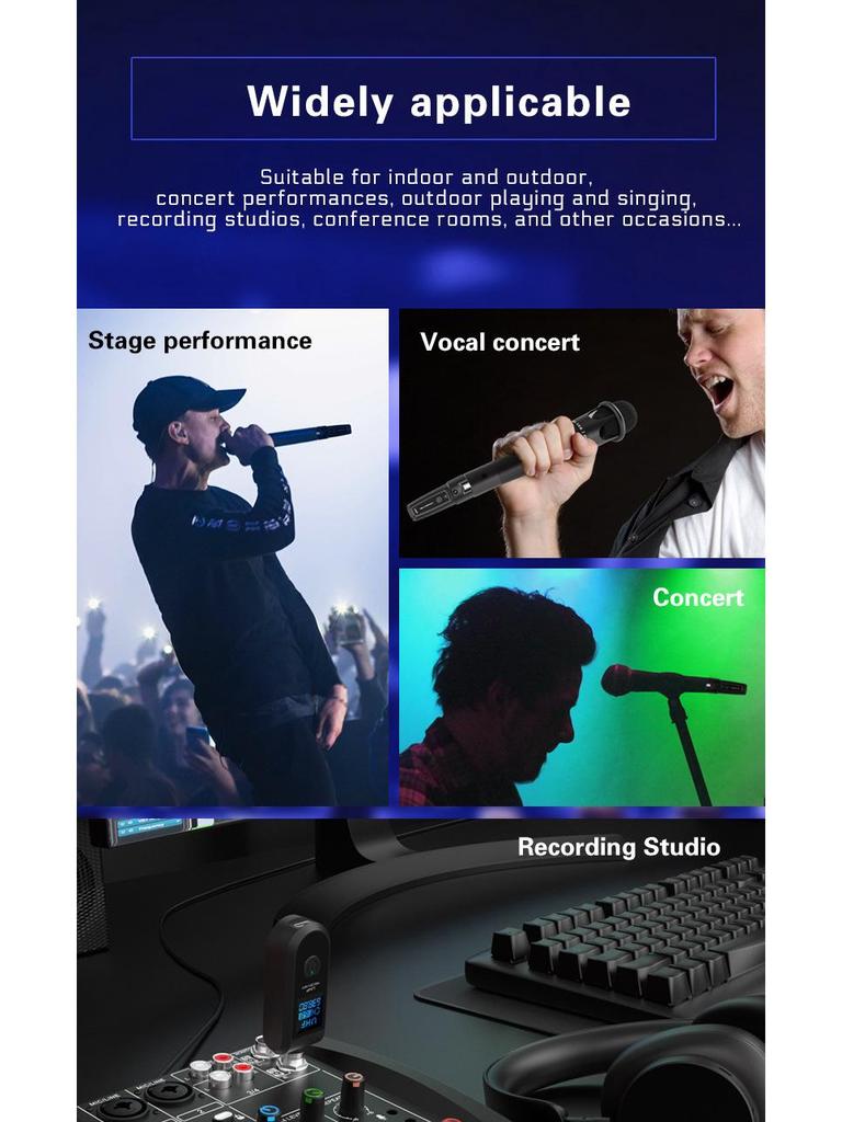 Wireless System Power Amplifier with Transmitter, Receiver, Dynamic Microphone, and Condenser for Musical Instruments.
