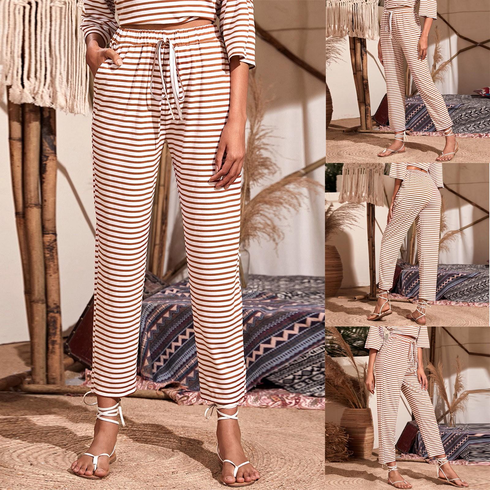 

(Куниде) Женские повседневные свободные прямые укороченные брюки в домашнюю полоску