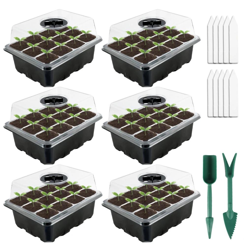

6 шт. Розсадні лотки 12 отворів Пластикова коробка для вирощування насіння рослин Овочі Квіти Рослинні горщики Розсадний ящик для саду На вулиці чорний