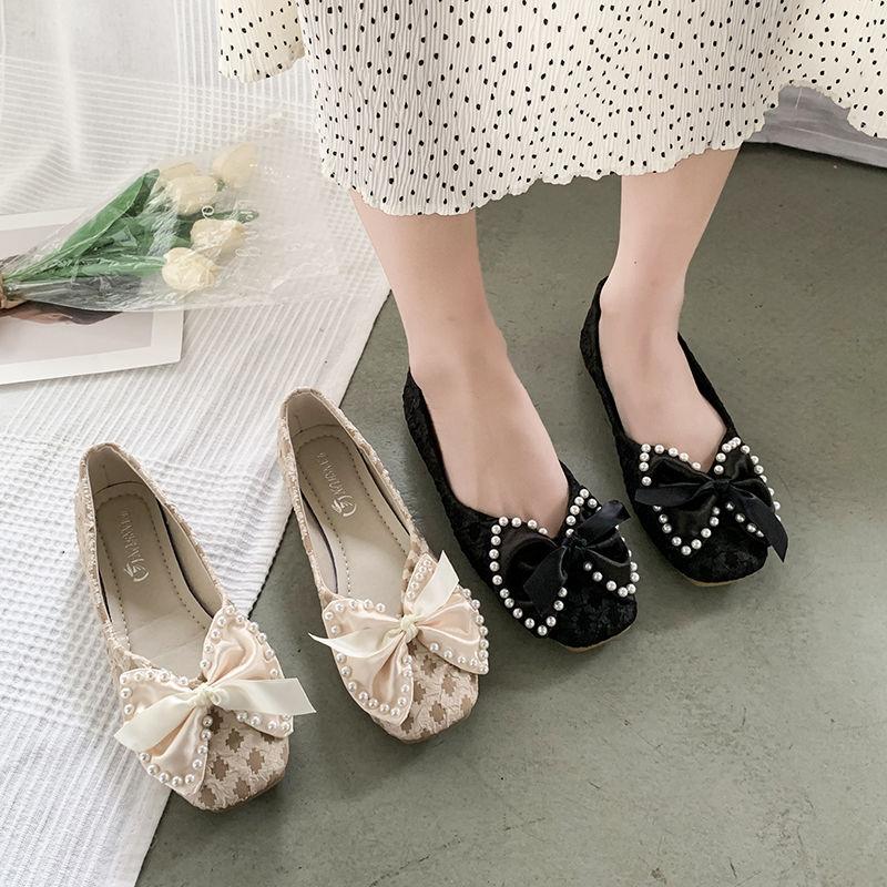 Square Head Flat Bottom Doudou Shoes Summer Korean Version Pearl Bow Evening Fairy Wind Single Shoes
