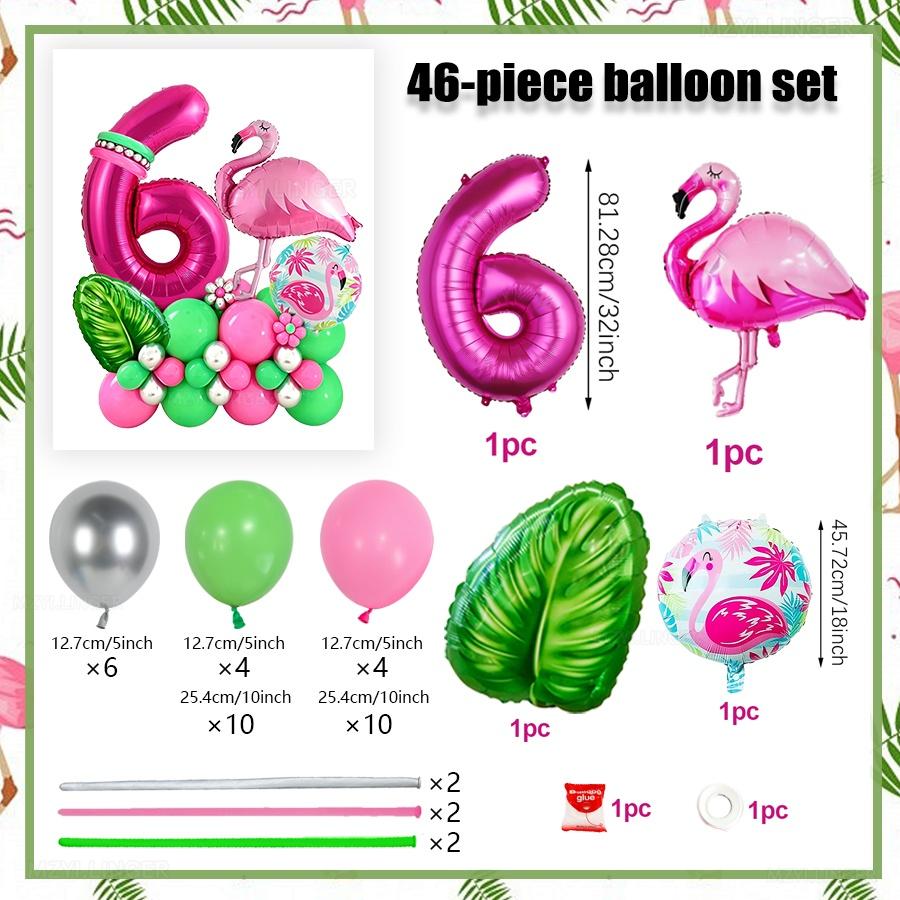46pcs Flamingo Hawaii Theme Balloon Set Rose Red Digital Balloon 0-9 Leaf Balloon for Birthday Party Anniversary Decoration