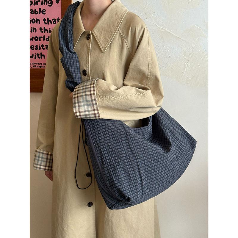 2025 Korean Retro Plaid Canvas Drawstring Tote - Large Commuter Shoulder/Crossbody Bag