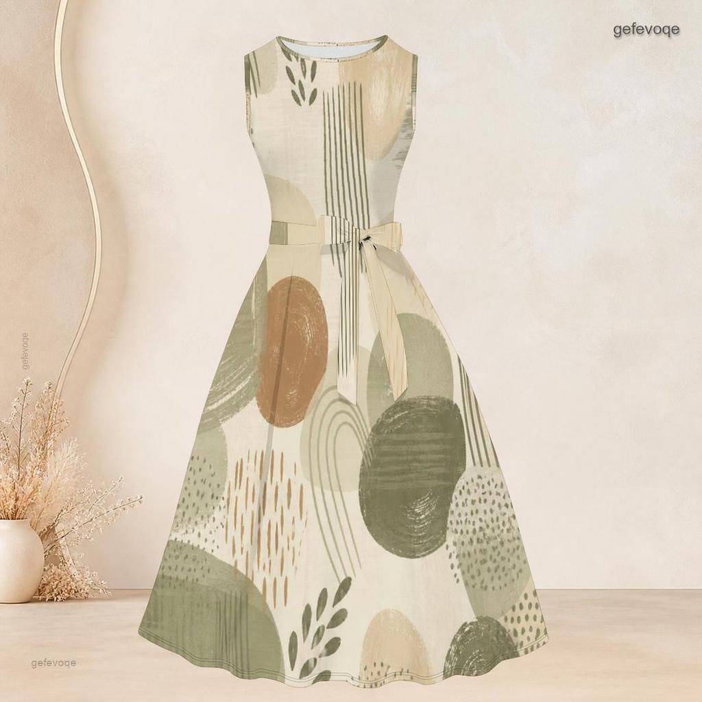 Women Plus Size Two Piece Set Round Neck Sleeveless Tie Waist Flared Dress 3 4 Sleeve Printed Cardigan