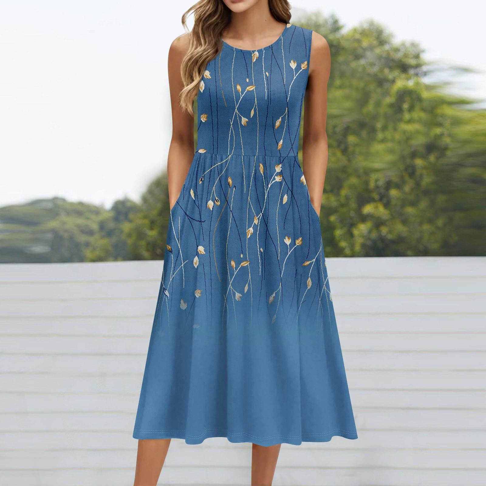 

Women s Fashionable Retro Floral Print Round Neck Sleeveless Casual Pullover Pocket Mid Length Dress XXXL синій