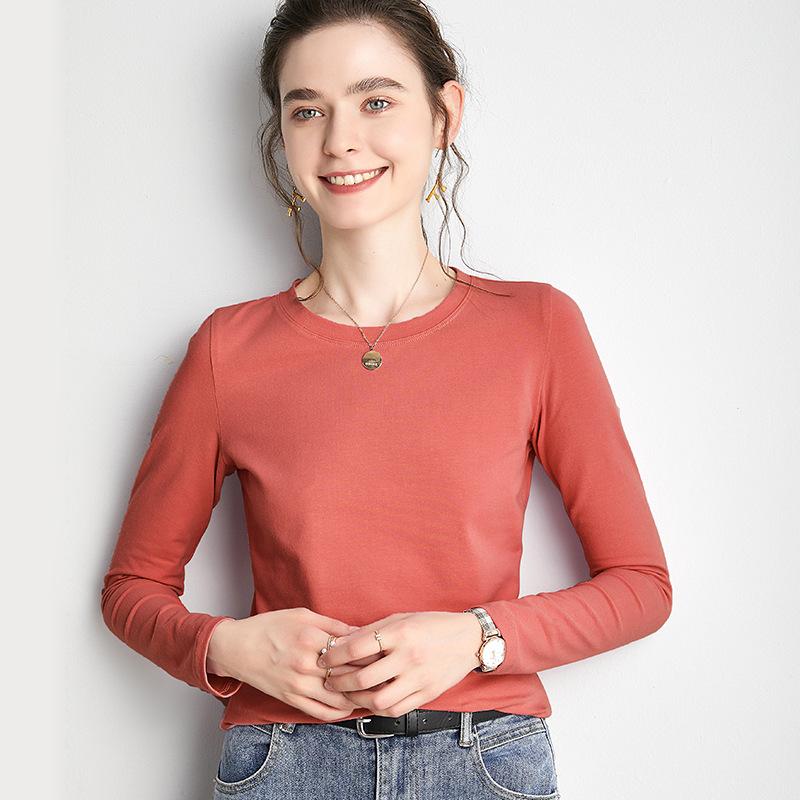 

Women s long-sleeved t-shirt women s new autumn bottoming shirt round neck t-shirt loose solid color simple top XXXL кирпич красный