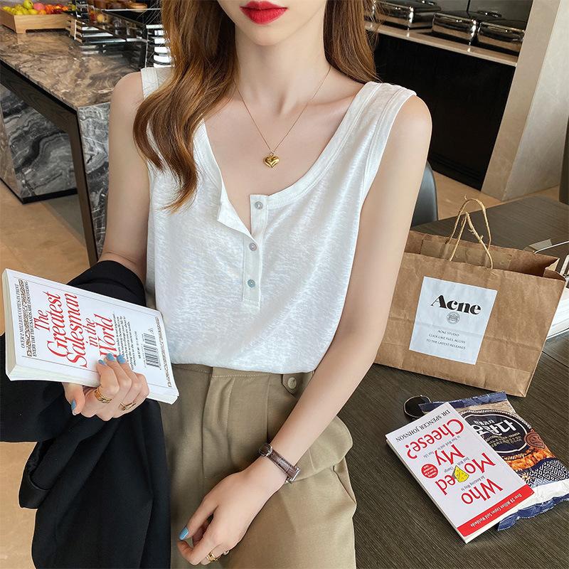 Baumwolle und Leinen Weste Damen Sommer Oberbekleidung Weißes Unterteil Neues Trägertop Locker Ärmellos T-Shirt Top