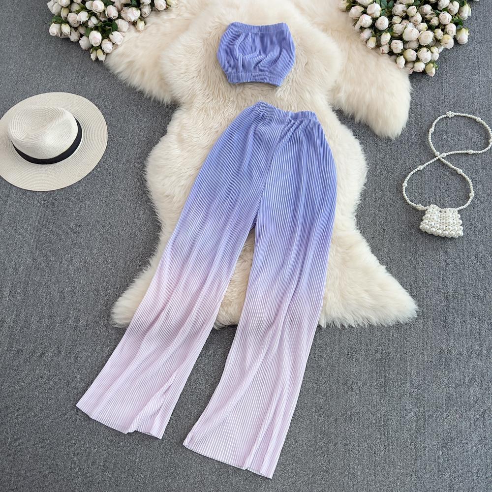 RUGOD 2022 Modeanzug Damen Sexy Tube Top Zweiteiliger Anzug mit hoher Taille Drapieren Lässige Farbverlaufsfarbe Gerade Hose mit weitem Bein