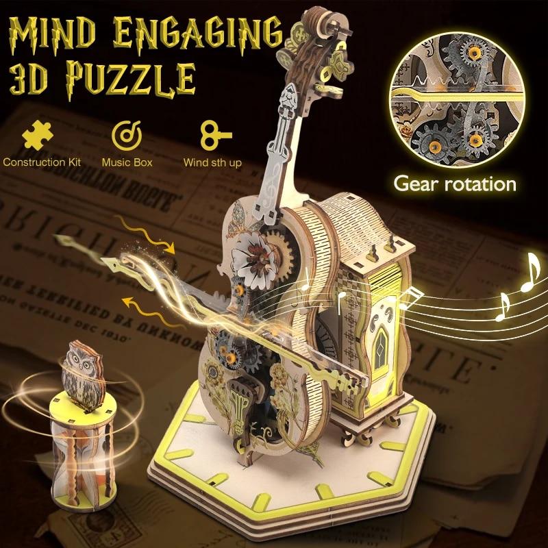 3D dřevěné puzzle Kouzelné violoncello mechanická hrací skříňka s pohyblivou stopkou Vtipná kreativní hračka pro dítě Sada stavebnic pro dívky Dospělý