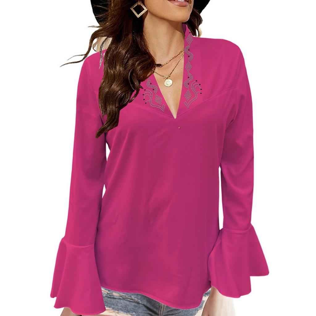 Damesmode V-hals Pailletten Effen Kleur Ruches Lange Mouw Shirt Top