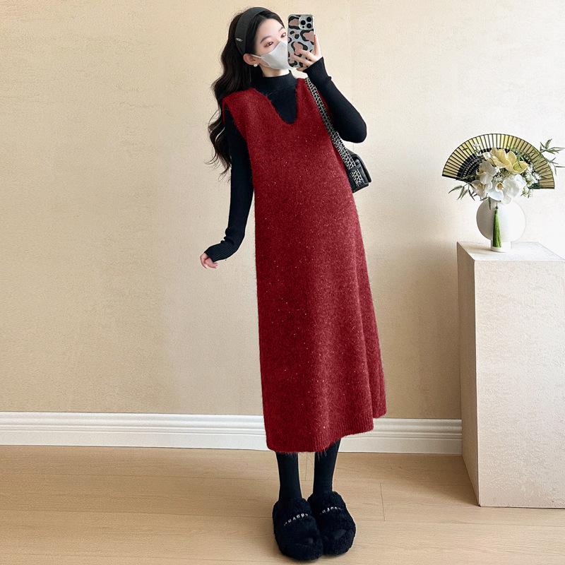 2026 Fall/Winter Korean Style Glitter Maternity Dress & Base Layer Set