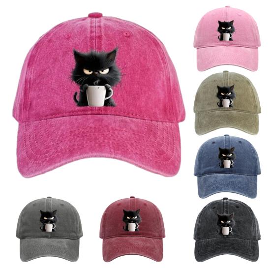 Cat Pattern Baseball Hat Adjustable Sunshade Curved Brim Sun Hat Unisex Hip Hop Casual Style Washed Coffee Cap