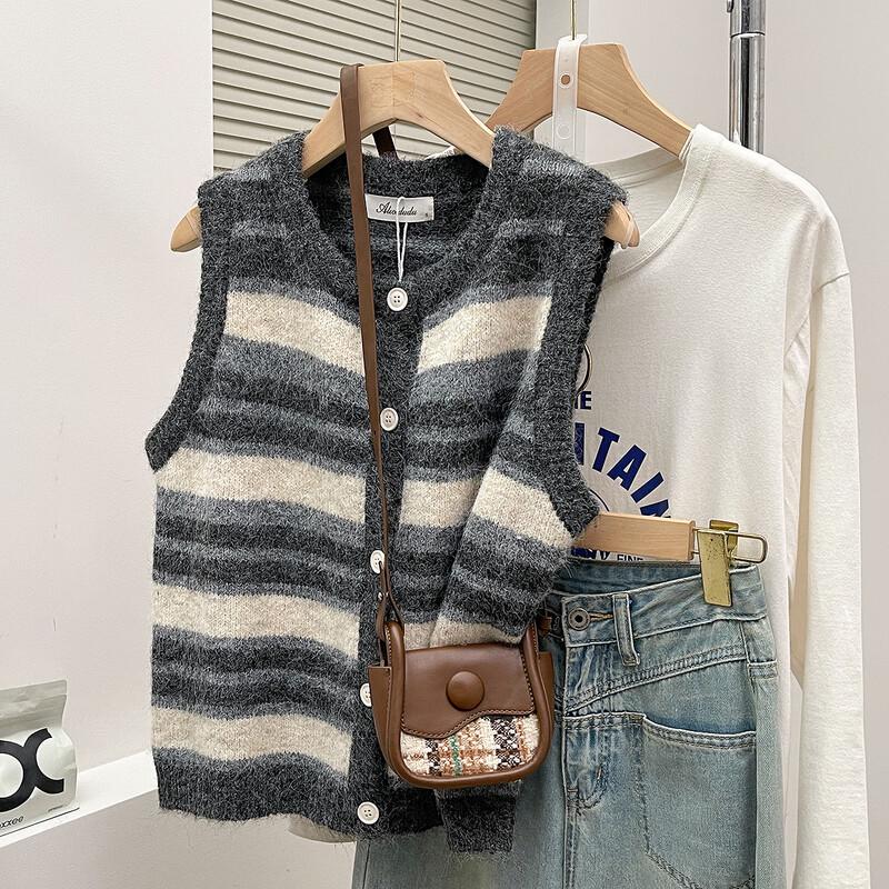 TonLion Women's Striped Round Neck Cardigan Vest