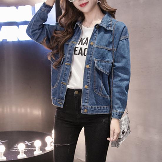 Winterjacke für Damen, lange Ärmel, Umlegekragen, Brusttaschen, Knopfverschluss, Mantel, einfarbig, lässig, Streetwear, Jeansmantel