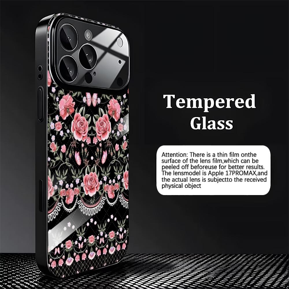 Elegant Black with Pink Roses Glass phone case mobile phones for iphone 17 pro max cover for iPhone 17 16 15 14 13 12pm Pro Plus