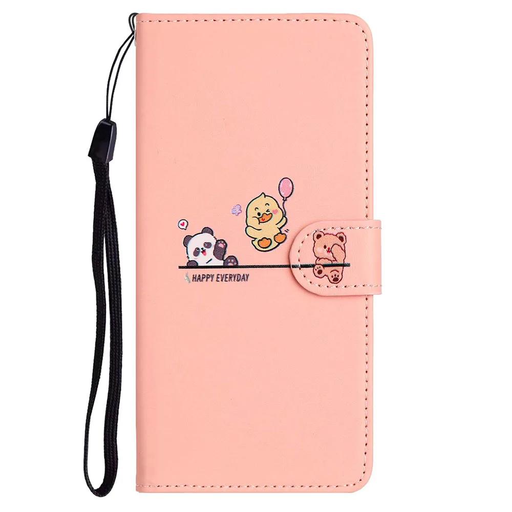 Book-style Flip Cover with Cartoon Animal Print Case For iPhone 16E 16 15 Plus 14 13 12 mini 11 Pro Max 10 XS X XR Stand Cover