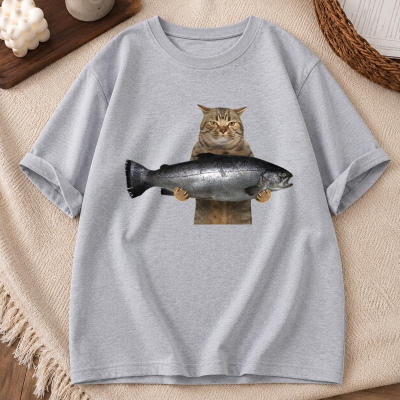 Unisex Unisex Fish Funny Meme Cat Meme T Shirts Tops Summer Short Sleeve TShirt O Neck Humor Tshirt Unisexs Clothes Graphic Y2K