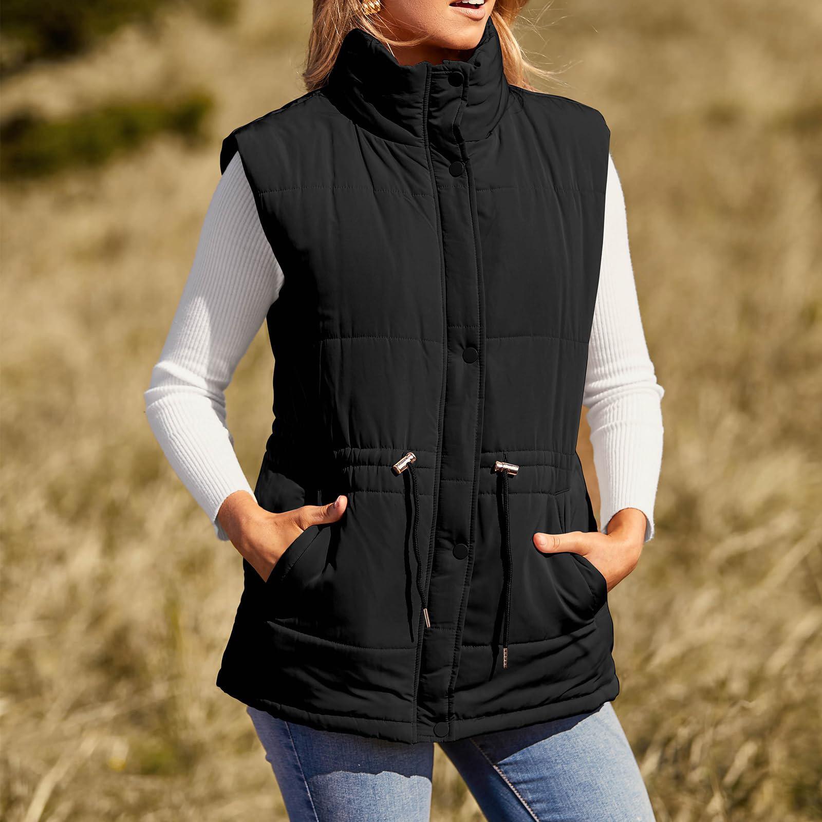 

Women s Solid Color Waist-cinching Single-breasted Mid-length Vest with Stand-up Collar, Pockets, and Slim Fit Cardigan Jacket 3XL чорний