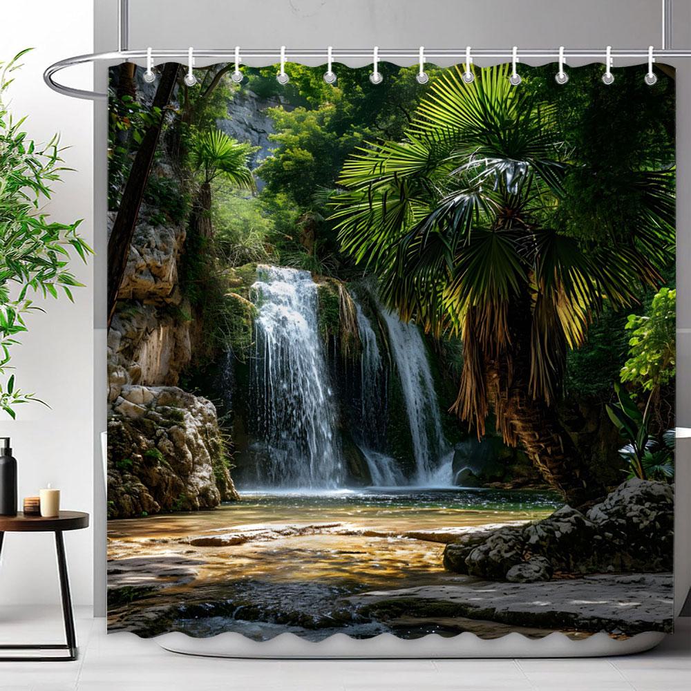 Mediterraner Wald Wasserfall Naturlandschaft Duschvorhang Polyesterstoff Waschbar Badvorhang Badezimmer Dekoration Mit Haken