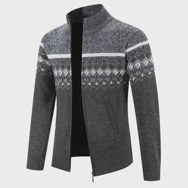 Męski jesienno-zimowy rozpinany sweter kardigan - Gruby splot, kurtka ze stójką, stylowy design