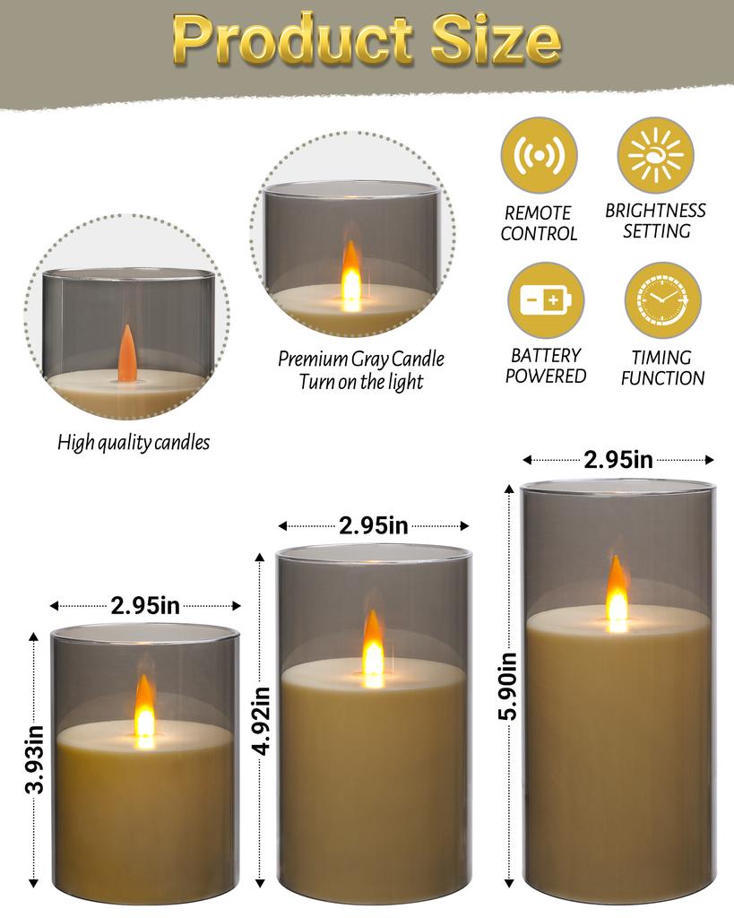 LED Pillar Candle Light Remote Control Fire-Free Acrylic Gray 3D Flame Home Halloween Christmas Easter New Year Decoration Soft