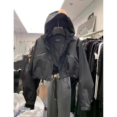 Giacca da Moto Nera Larga da Donna Primavera Giacca Corta con Cappuccio Stile Street Antivento