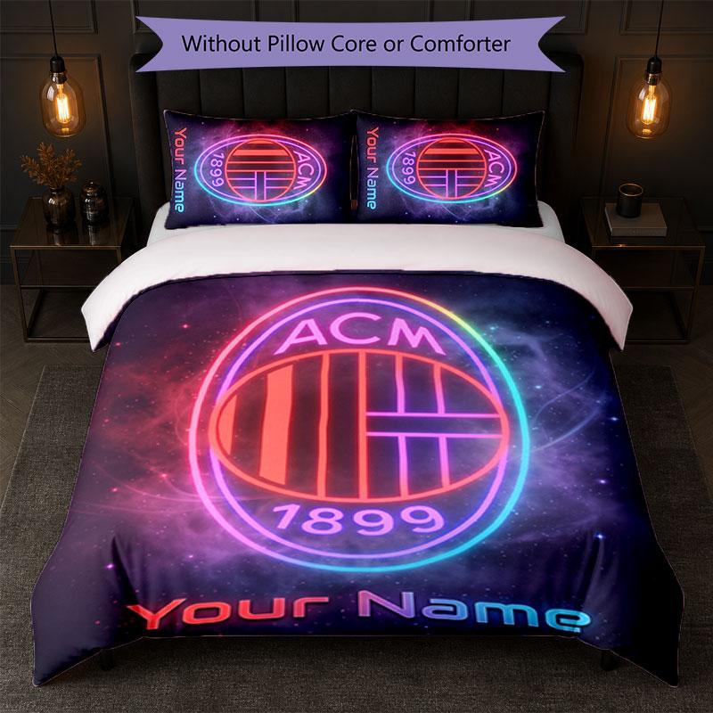 AC Milan Custom Name Text Bedding Set 1 Duvet Cover+2 Pillowcases Soccer Logo Personalized Gift For Special Occasion Bedroom Decor