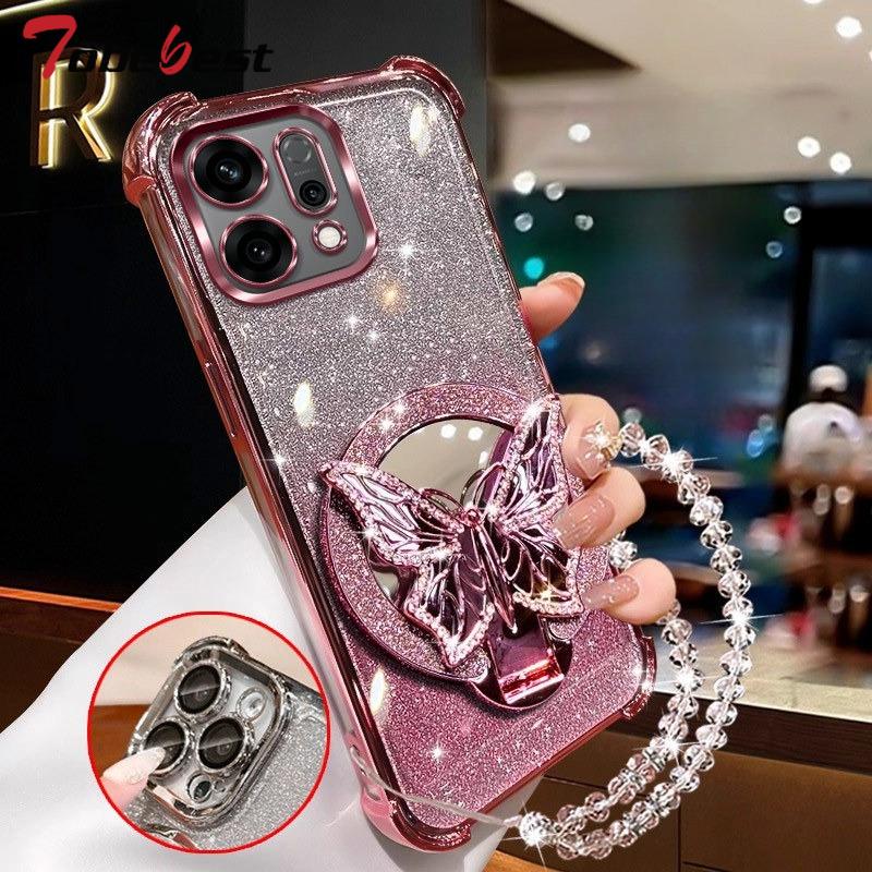 Glitter Butterfly Mirror Crystal Bracelet Case For OPPO Reno 14 13 12 11 10 Pro Plus Shockproof Plating Silicone Cover
