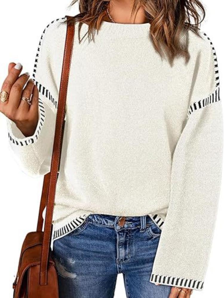 

Женский повседневный вязаный свитер с полосатыми рукавами, свободный пуловер с круглым вырезом, разных цветов XL белый
